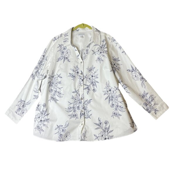 Canyon Retreat 3X Button Top‎ Blouse White Blue Floral Beach Nautical Travel - Picture 1 of 8